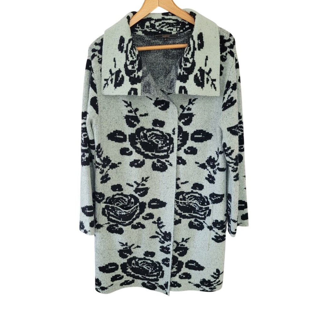 MaxSport Floral Long Cardigan Sweater Coat Duster Size M Mint Green Black Roses - Picture 1 of 9